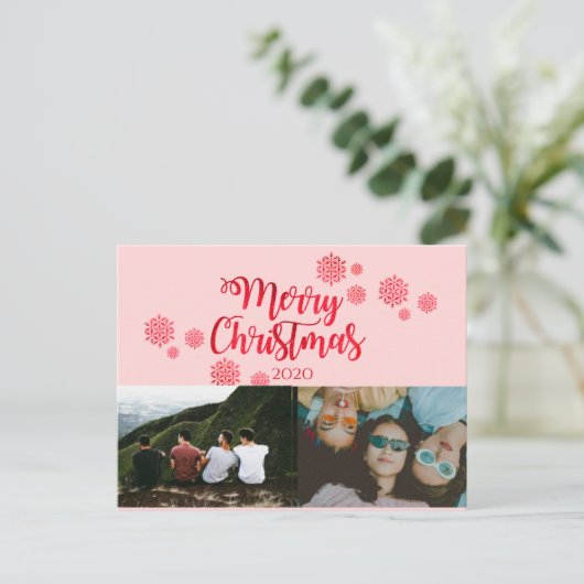 ピンク赤のきらきら光るクリスマス写真のはがき シーズンポストカード (スタンド正面)