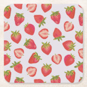 ピンク赤の夏のイチゴ模様 スクエアペーパーコースター (正面)