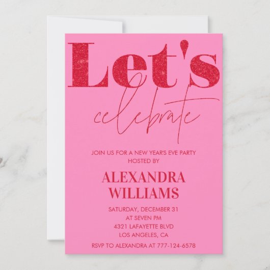 ピンク赤の大晦日の招待状Let's  招待状 (正面)