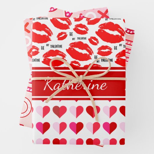 ピンク赤の追加の名前モノグラムは私のバレンタインXO愛 ラッピングペーパーシート (インサイチュ)