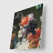 ピンク赤アネモネ白い花，蝶モノグラム スクエア壁時計 (傾斜)