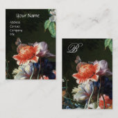 ピンク赤アネモネ白い花，蝶モノグラム 名刺 (正面/裏面)