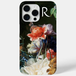 ピンク赤アネモネ白い花，蝶モノグラム iPhone 15 PRO MAXケース