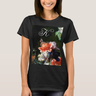 ピンク赤アネモネ白い花，蝶モノグラム Tシャツ