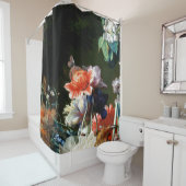 ピンク赤アネモネ白い花、黒い蝶 シャワーカーテン (インサイチュ)