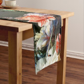 ピンク赤アネモネ白い花、黒い蝶 ショートテーブルランナー (インサイチュ)