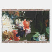 ピンク赤アネモネ白い花、黒い蝶 スローブランケット (正面)