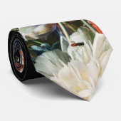 ピンク赤アネモネ白い花、黒い蝶 ネクタイ (ロール)