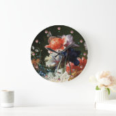 ピンク赤アネモネ白い花、黒い蝶 ラージ壁時計 (ホーム)