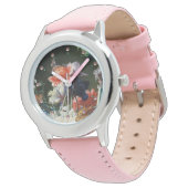 ピンク赤アネモネ白い花、黒い蝶 腕時計 (アングル)