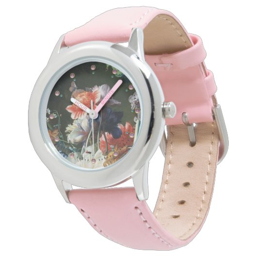 ピンク赤アネモネ白い花、黒い蝶 腕時計 (アングル)