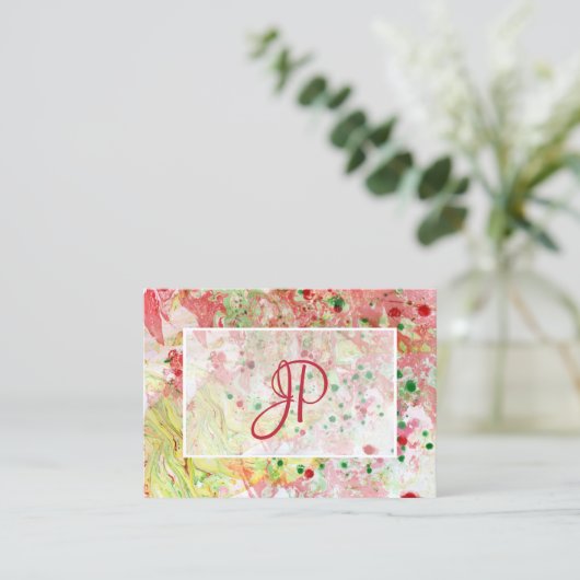 ピンク赤イエローグリーンモダン抽象芸術エレガント 名刺 (スタンド正面)