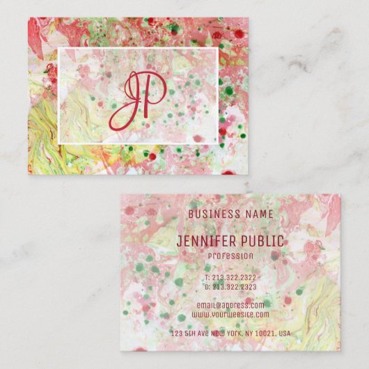 ピンク赤イエローグリーンモダン抽象芸術エレガント 名刺 (正面/裏面)
