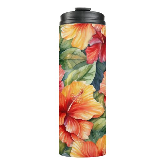 ピンク赤オレンジ色の水彩熱帯ハイビスカス タンブラー (正面)