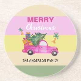 ピンク赤クリスマストランクウォーター色アート コースター