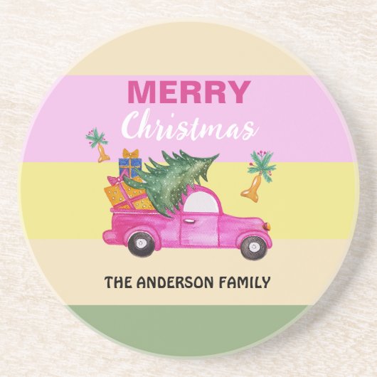 ピンク赤クリスマストランクウォーター色アート コースター (正面)