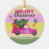 ピンク赤クリスマストランクウォーター色アート セラミックオーナメント (正面)