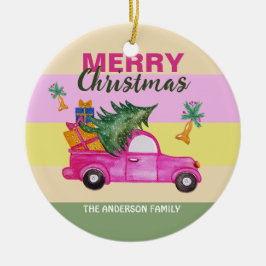 ピンク赤クリスマストランクウォーター色アート セラミックオーナメント