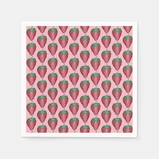 ピンク赤ジューシーいちご果実プリント スタンダードカクテルナプキン (正面)