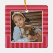 ピンク赤ストライプ色の可愛いシンプル写真1枚クリスマス セラミックオーナメント (正面)