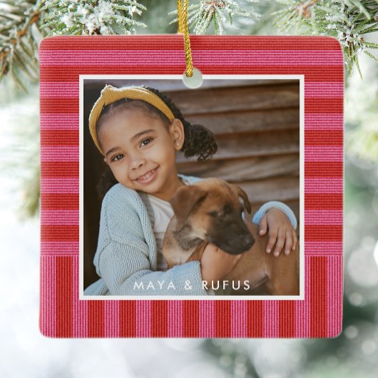 ピンク赤ストライプ色の可愛いシンプル写真1枚クリスマス セラミックオーナメント