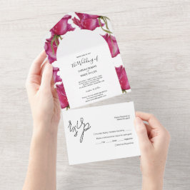 ピンク赤バラ水彩手絵を描形 オールインワン招待状