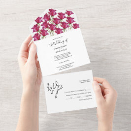 ピンク赤バラ水彩手絵を描形 オールインワン招待状