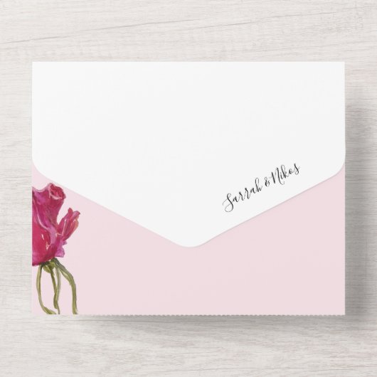 ピンク赤バラ水彩手絵を描形 オールインワン招待状 (裏面)