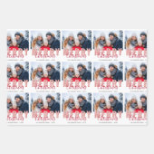 ピンク赤メリークリスマススクリプト家族の写真 ラッピングペーパーシート (正面)