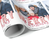 ピンク赤メリークリスマススクリプト家族の写真 ラッピングペーパー (ロールコーナー)