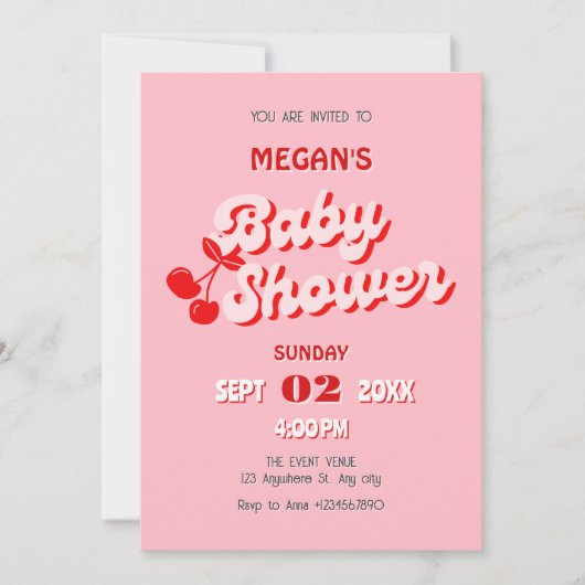 ピンク赤レトロなグルービーさくらんぼベビーシャワー 招待状 (正面)