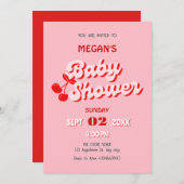 ピンク赤レトロなグルービーさくらんぼベビーシャワー 招待状 (正面/裏面)