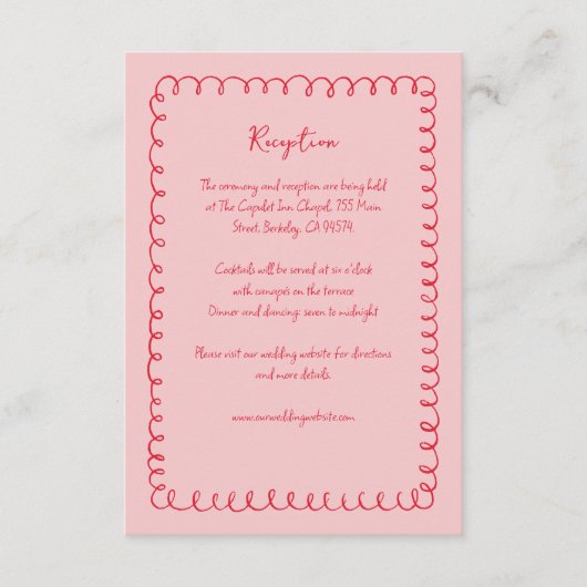 ピンク赤予測できな手描き枠結婚披露宴 エンクロージャーカード (正面)