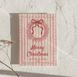 ピンク赤描リースボウクリスマスノンフォト シーズンカード