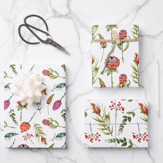 ピンク赤紫色の水カラー花模様 ラッピングペーパーシート (正面)