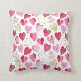 ピンク赤金ゴールドモダン水彩愛ハートパターン クッション