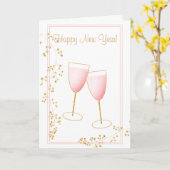 ピンク赤面と金ゴールドシャンパングラス新年 カード (黄色い花)