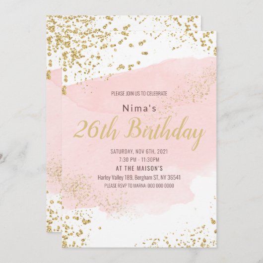 ピンク赤面の水彩画金ゴールドグリッター 招待状 (正面/裏面)