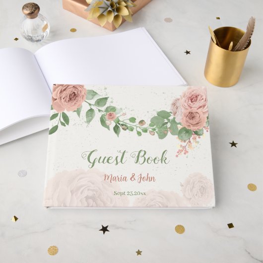 ピンク赤面の花セージ葉グリーンゲストブック ゲストブック (正面見開き)