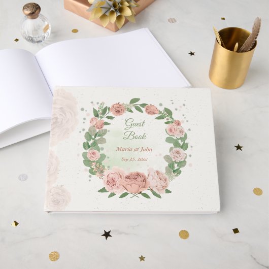 ピンク赤面の花セージ葉グリーンゲストブック ゲストブック (正面見開き)