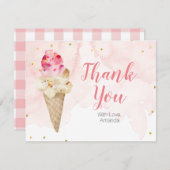 ピンク赤面アイスクリームブライダルシャワー金ゴールドグリッター サンキューカード (正面/裏面)