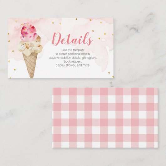 ピンク赤面アイスクリーム詳細ブライダルシャワー エンクロージャーカード (正面/裏面)