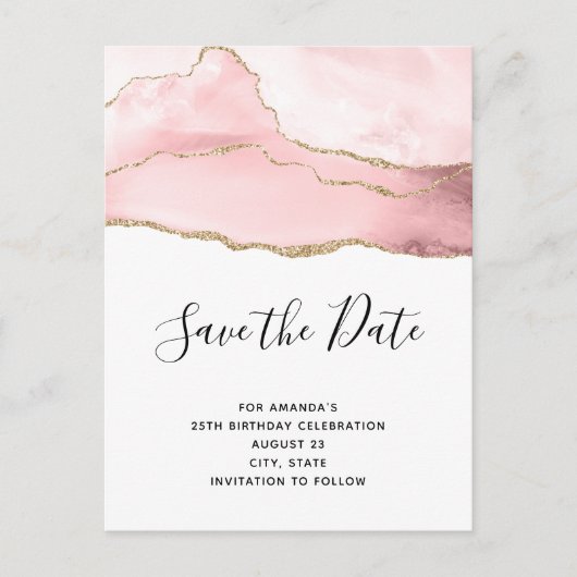 ピンク赤面アゲート付き金ゴールドリボンエレガント誕生日 インビテーションポストカード (正面)