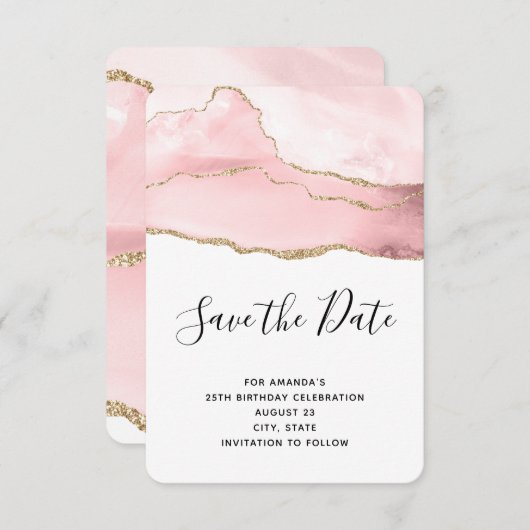 ピンク赤面アゲート付き金ゴールドリボンエレガント誕生日 セーブザデート (正面/裏面)