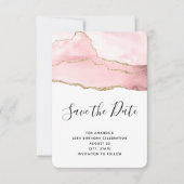 ピンク赤面アゲート付き金ゴールドリボンエレガント誕生日 セーブザデート (正面)