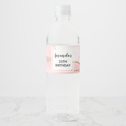 ピンク赤面アゲート付き金ゴールドリボンエレガント誕生日 ペットボトルラベル (正面)