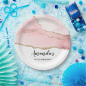 ピンク赤面アゲート付き金ゴールドリボンエレガント誕生日 ペーパープレート (パーティー)