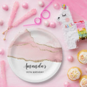 ピンク赤面アゲート付き金ゴールドリボンエレガント誕生日 ペーパープレート (パーティー)