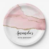 ピンク赤面アゲート付き金ゴールドリボンエレガント誕生日 ペーパープレート (正面)