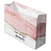 ピンク赤面アゲート付き金ゴールドリボンエレガント誕生日 ラージペーパーバッグ (正面アングル)